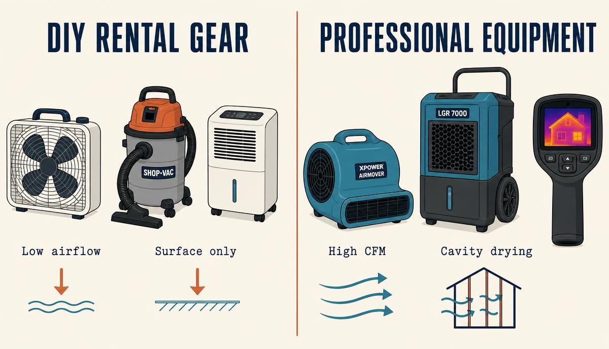 Infographic showing the difference between a household box fan and an industrial axial air mover