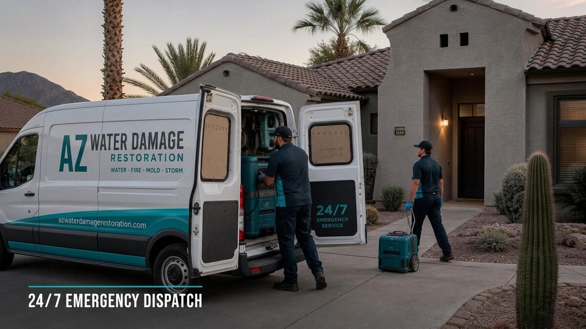 AZ Water Damage Restoration branded service van and uniformed technicians unloading extraction equipment at a Phoenix-area home