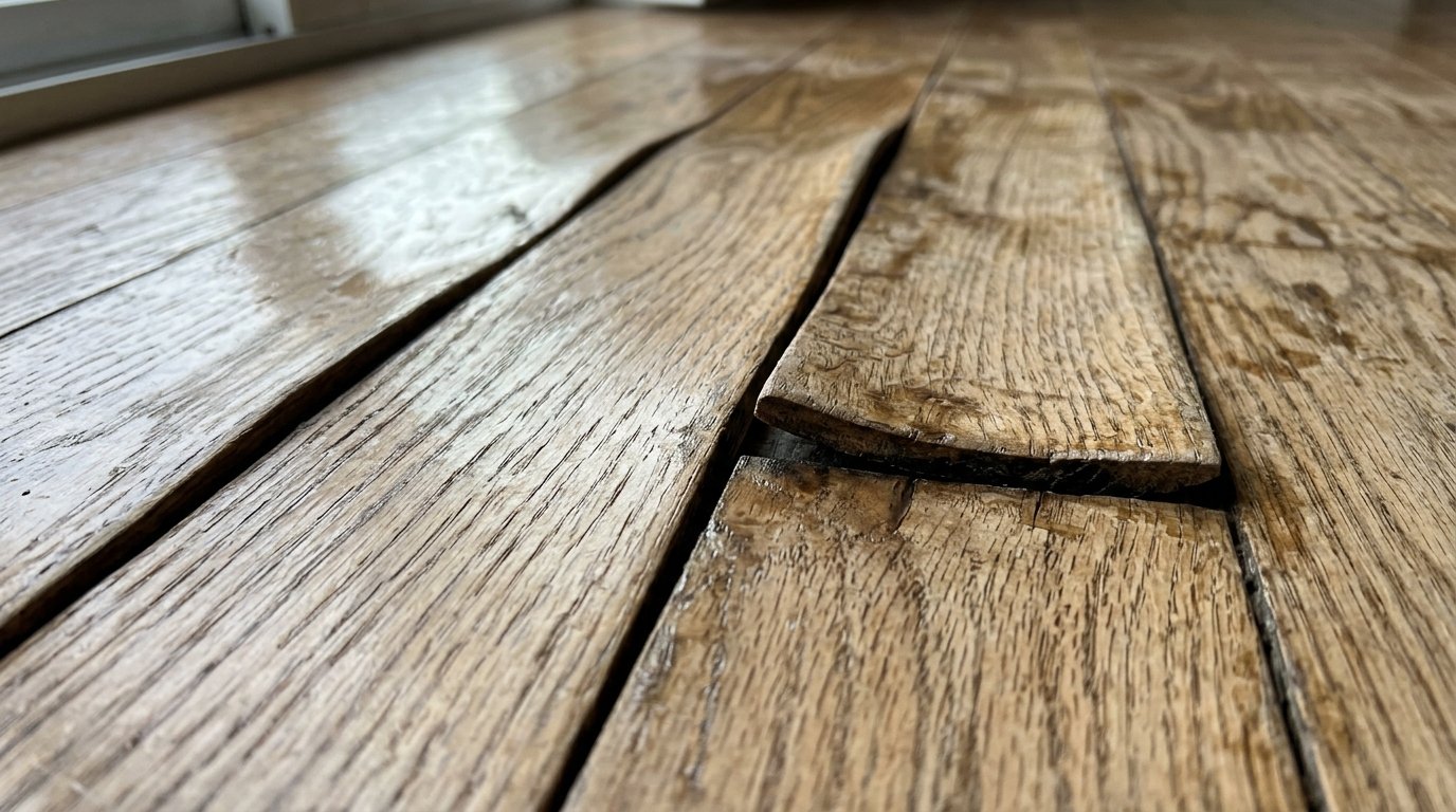 Extreme cupping in water-damaged oak hardwood flooring showing edges curling upward and boards bowing