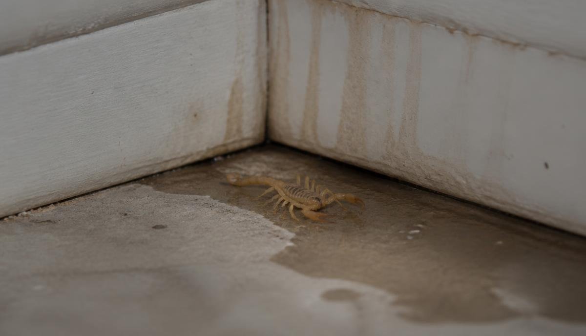 An Arizona bark scorpion near a damp wall corner, illustrating how water damage attracts desert pests