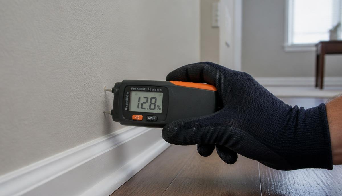 A technician using a professional moisture meter to detect hidden water behind a seemingly dry wall