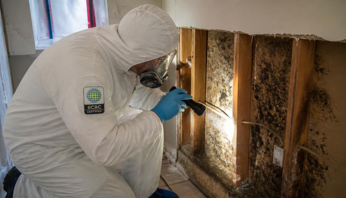 IICRC-certified technician in full PPE addressing mold growth inside a wall cavity