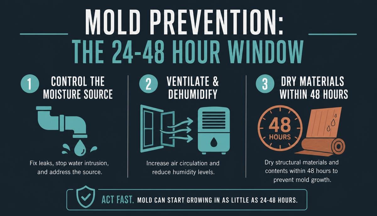 Infographic showing EPA-aligned mold prevention steps: moisture control, ventilation, and drying within 48 hours