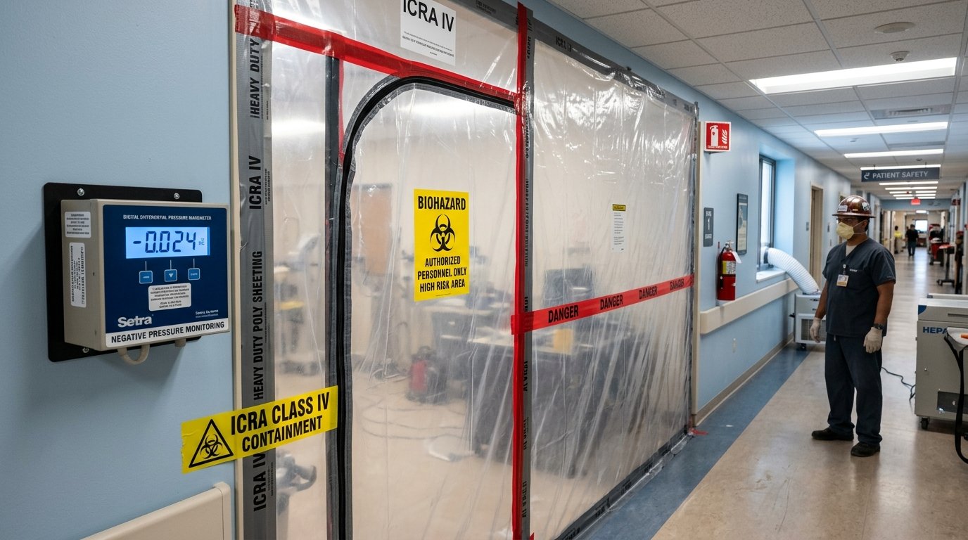 Hospital ICRA Class IV infection control containment anteroom with digital negative pressure manometer display in sterile hospital corridor