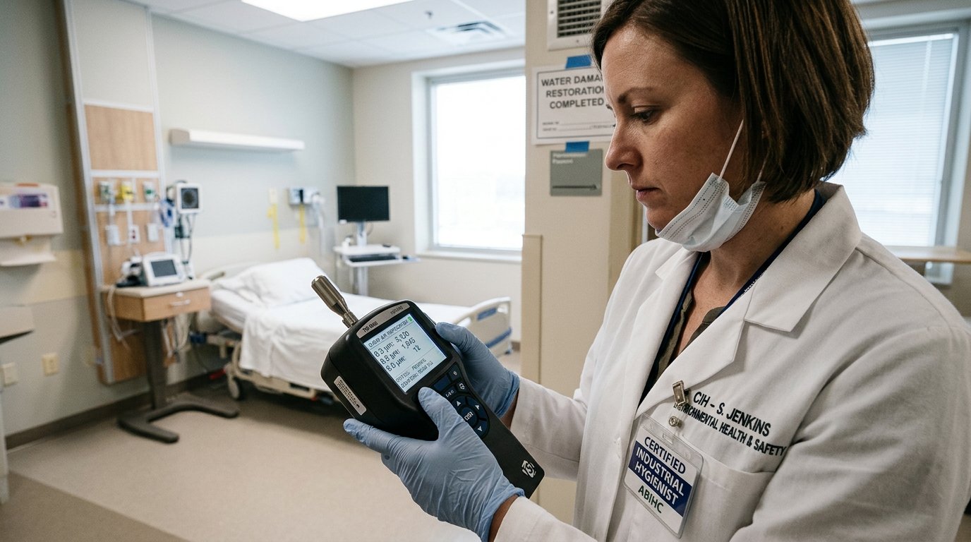 Certified industrial hygienist in lab coat using a handheld digital laser optical particle counter to certify clean air clearance in hospital patient room