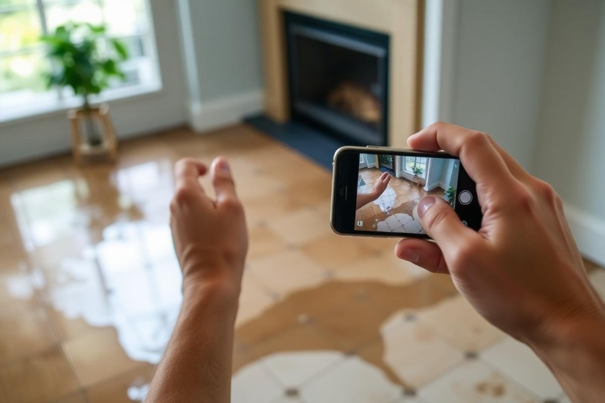 Arizona homeowner taking high-resolution smartphone photo documentation of standing water and property damage for insurance claim