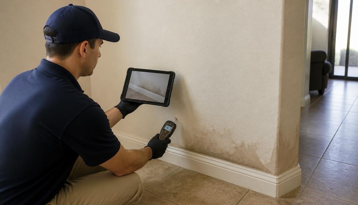 Restoration technician documenting water-damaged drywall and taking calibrated moisture readings for an itemized written estimate