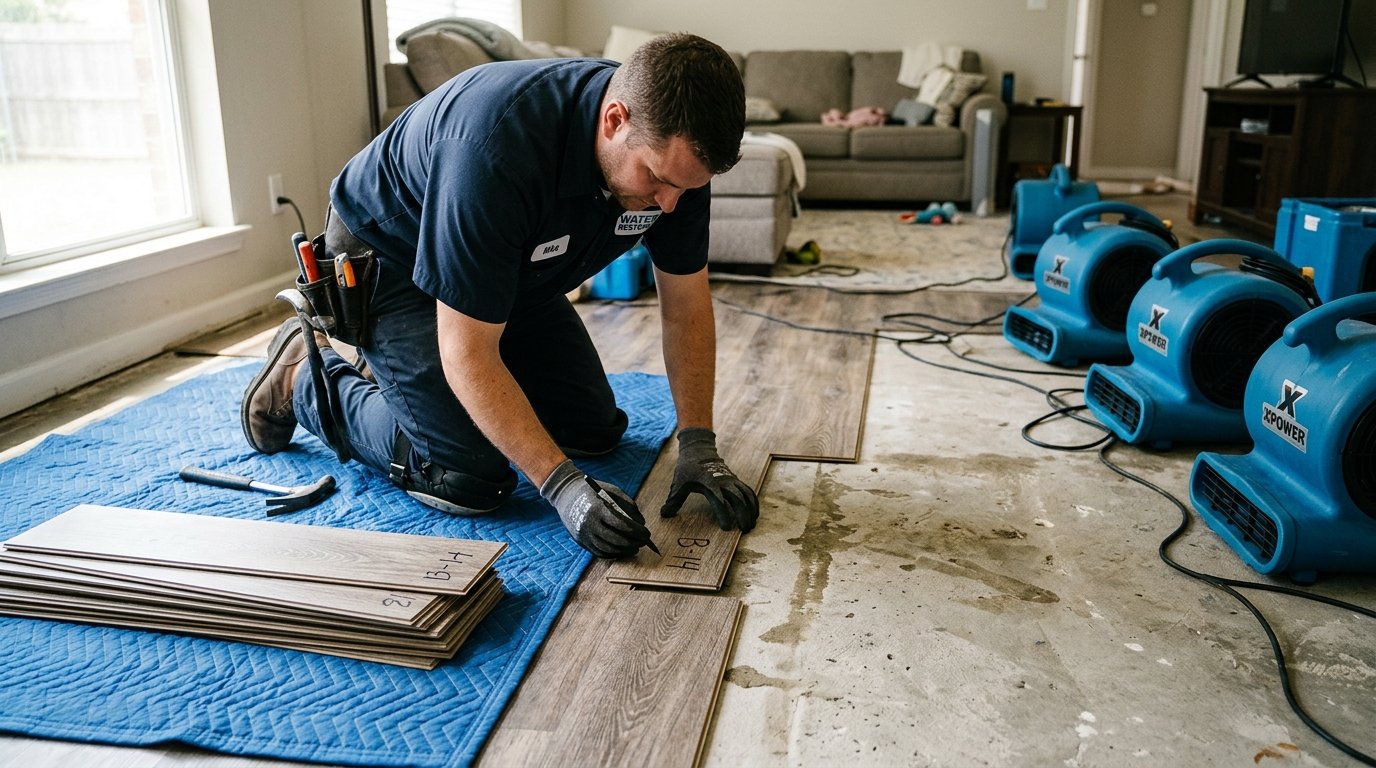 Technical matrix comparing irreversible laminate HDF seam peaking versus the non-destructive LVP unclicking and blue-tape numbering salvage process