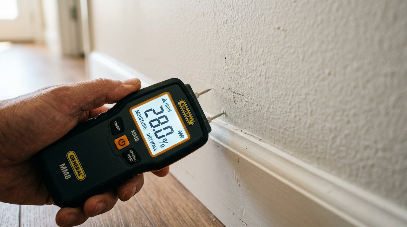 Professional dual-pin electronic moisture meter testing wet drywall baseboard displaying 28.0% high moisture content