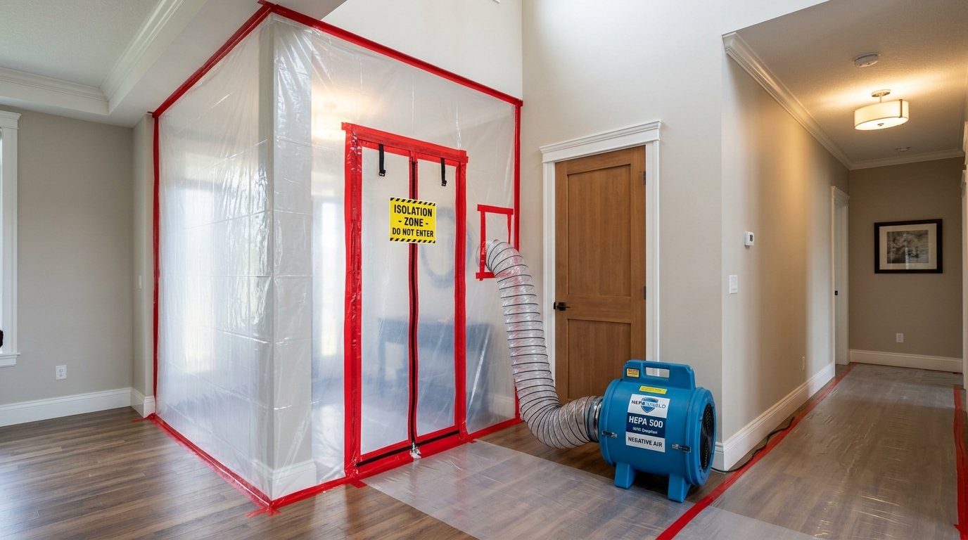 Residential hallway with zippered plastic containment barrier and commercial HEPA 500 air scrubber running negative air pressure