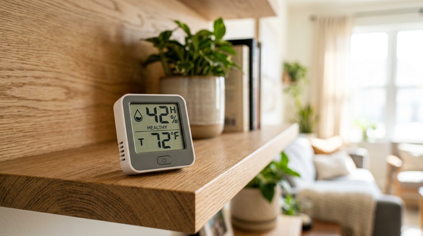 Digital thermo-hygrometer on a modern wooden shelf showing a healthy 42% relative humidity reading at 72 degrees Fahrenheit