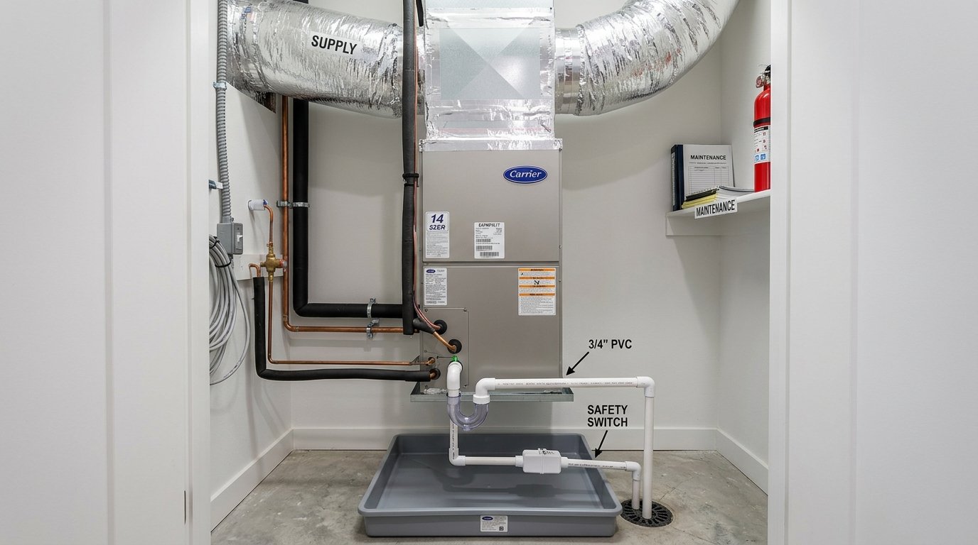 Clean residential HVAC air handler unit with secondary drain pan and inline safety float switch to prevent condensate overflows