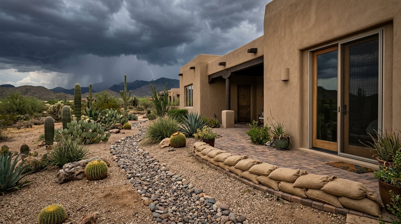 Arizona desert home yard drainage preparation with sandbags positioned along patio doors and dry gravel riverbed swale cleared of debris