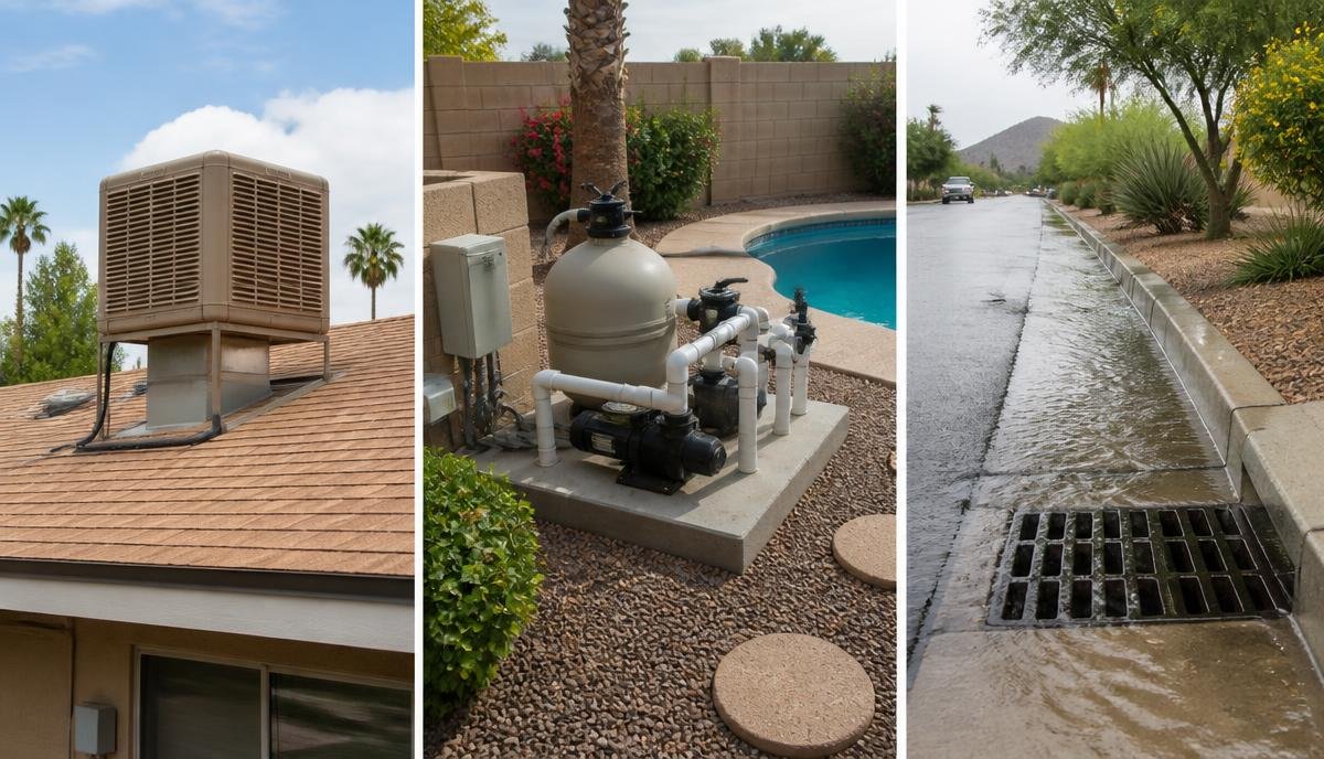 Three Arizona water sources: a rooftop evaporative cooler, backyard pool equipment, and monsoon storm runoff draining along a Phoenix street
