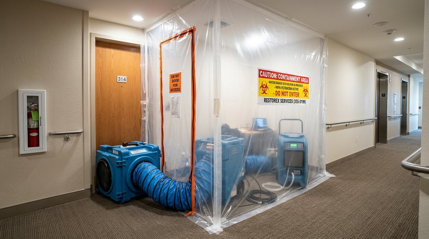 Commercial zippered plastic containment chamber isolating water damage inside apartment corridor with HEPA air scrubbers
