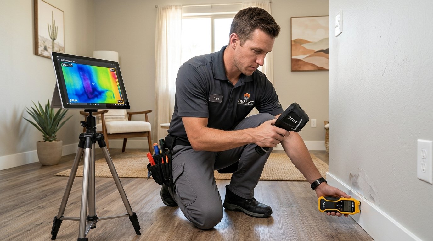 Certified water restoration technician using thermal imaging camera and pinless moisture meter on drywall baseboard in rental unit