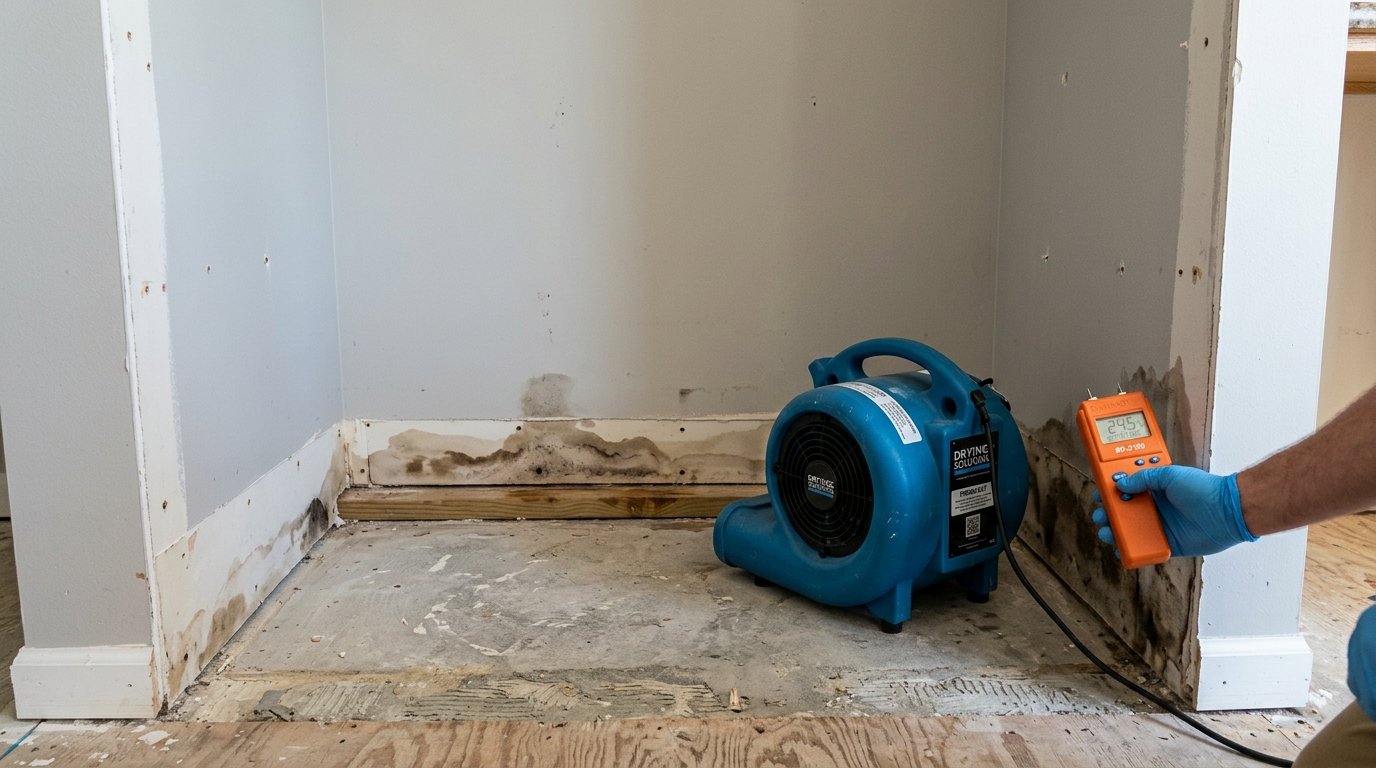 Restoration workflow showing refrigerator alcove moisture extraction, baseboard removal, and FLIR thermal camera wall mapping