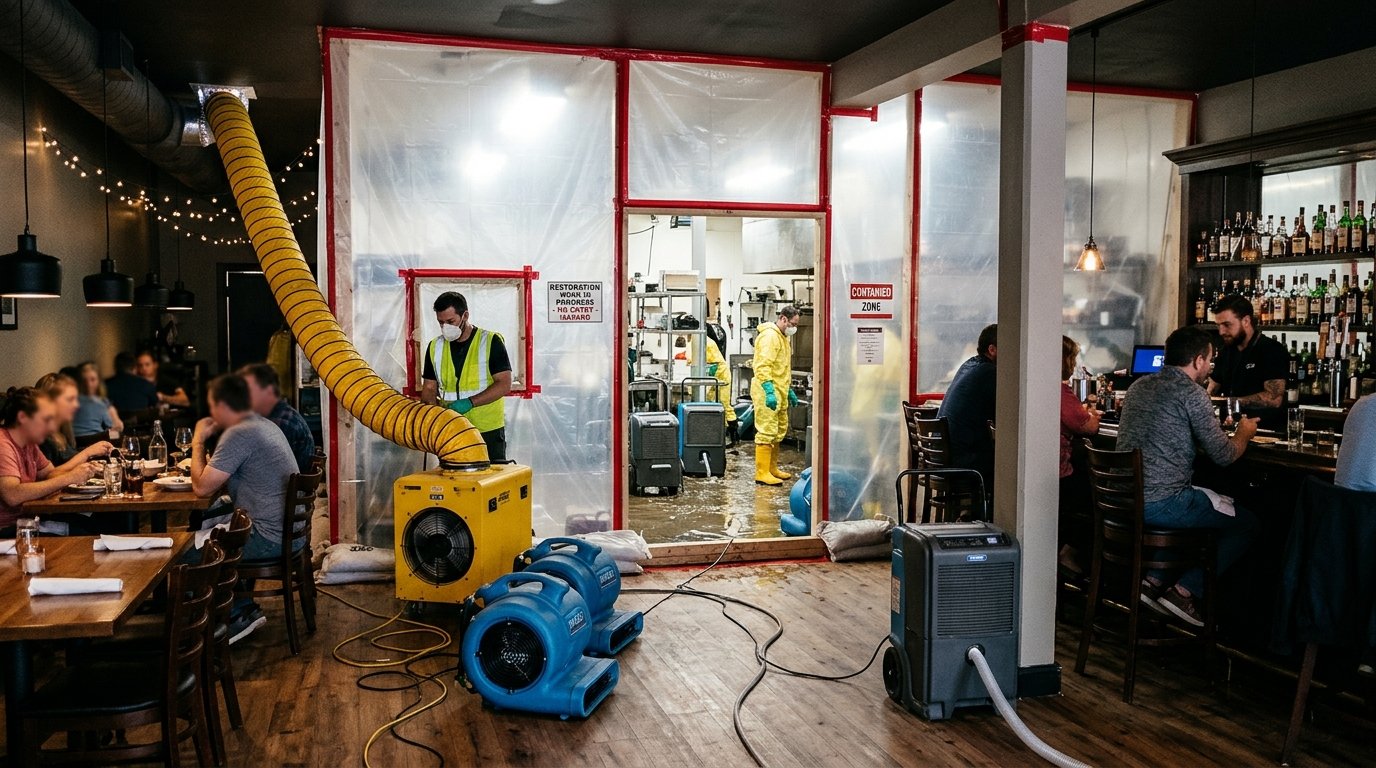 Commercial restaurant dining room and bar operating normally while plastic negative air containment wall isolates flooded kitchen