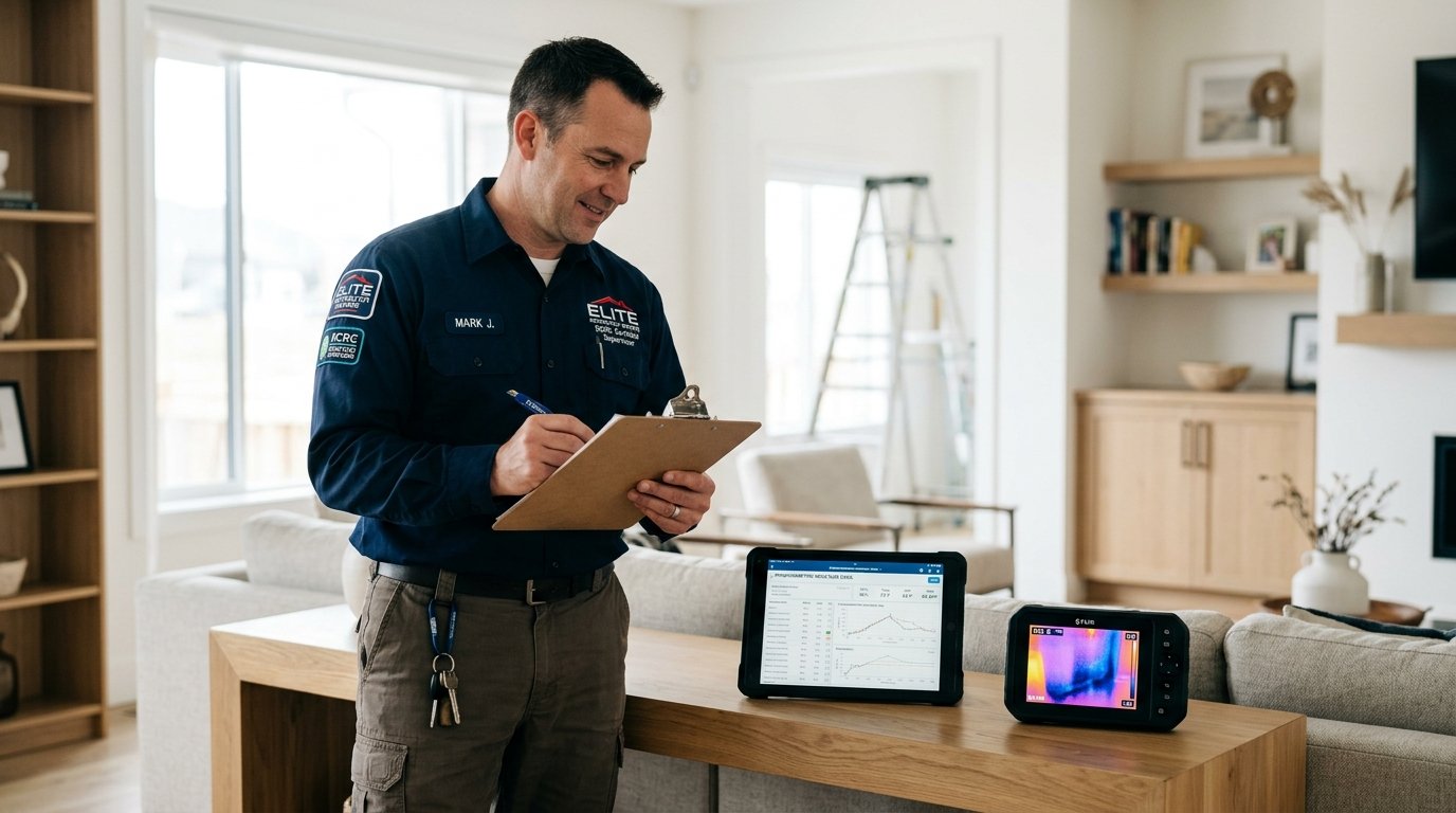 IICRC-certified restoration supervisor reviewing itemized insurance scope and thermal moisture logs in a residential living room