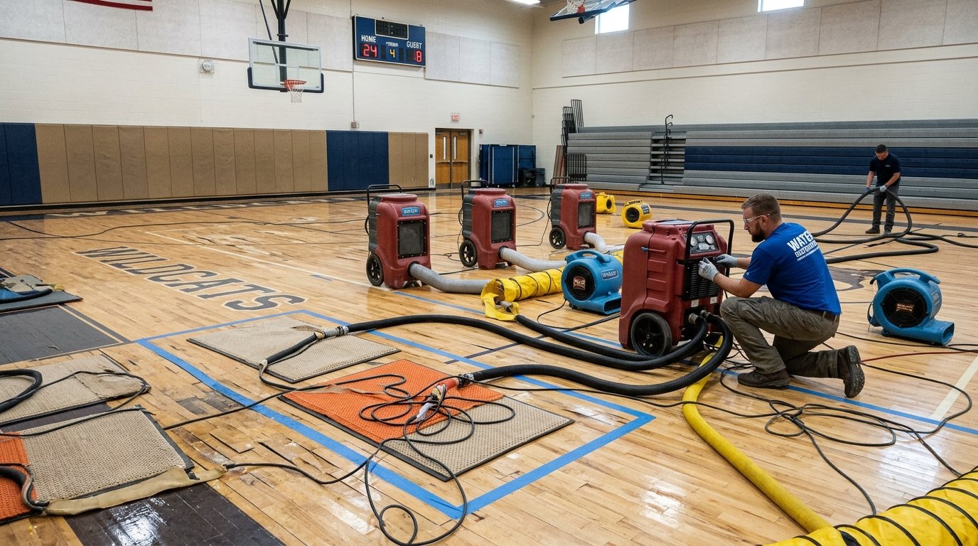 Commercial floor drying injection mats and industrial dehumidifiers extracting water from high school basketball gym hardwood court