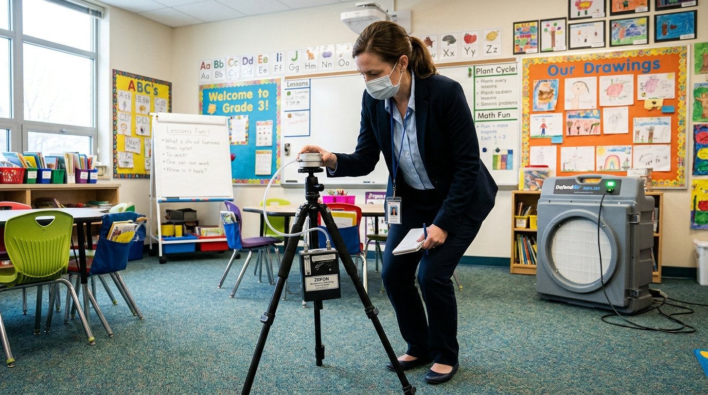 Indoor environmental air quality specialist conducting airborne fungal spore cassette sampling on tripod in elementary school classroom