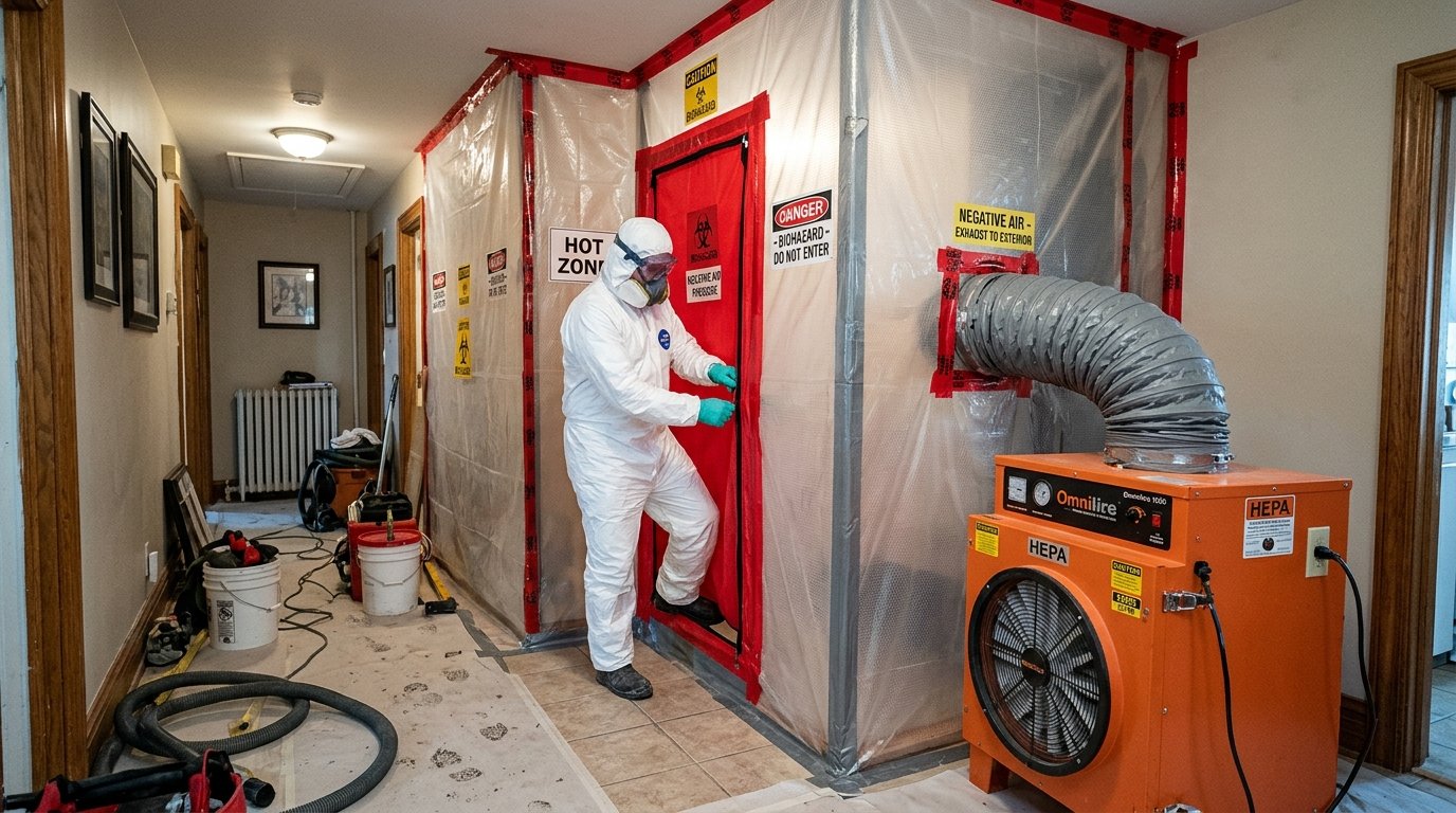 Certified water damage restoration technician in Level C PPE entering zippered plastic containment barrier with industrial HEPA air scrubber in residential hallway