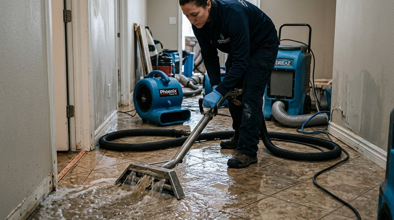 Professional restoration specialist operating commercial weighted floor extraction wand on water-damaged tile flooring in home