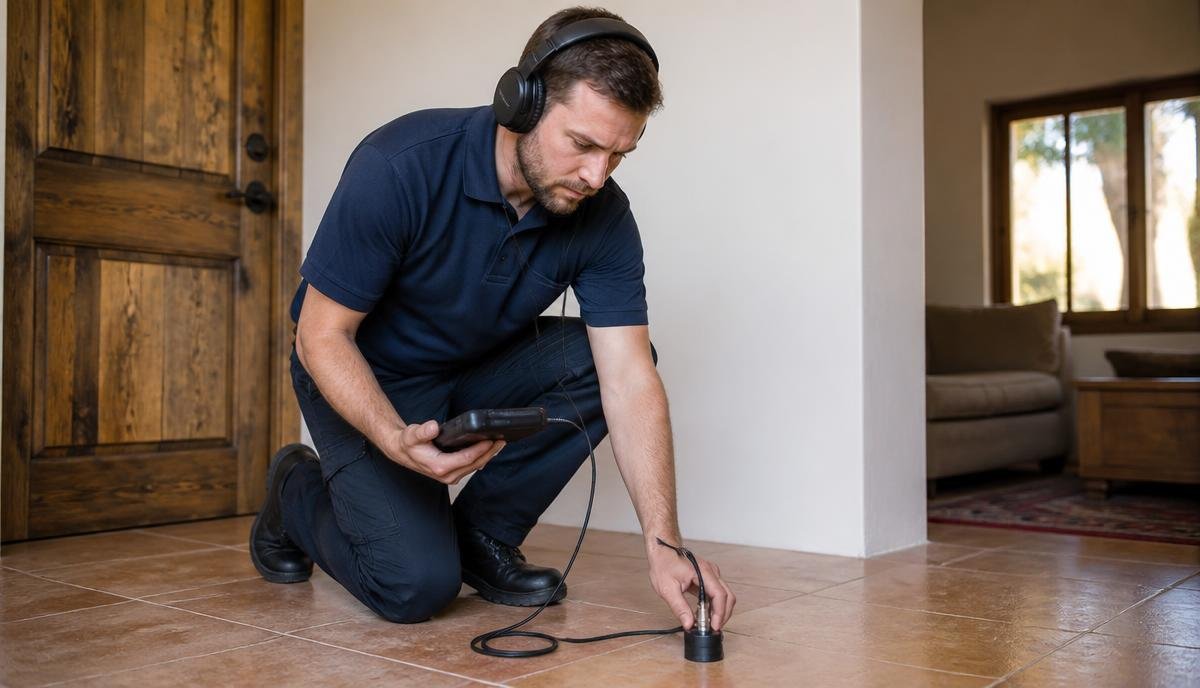 Technician using acoustic slab leak detection equipment with a ground microphone on a tile floor in an Arizona home