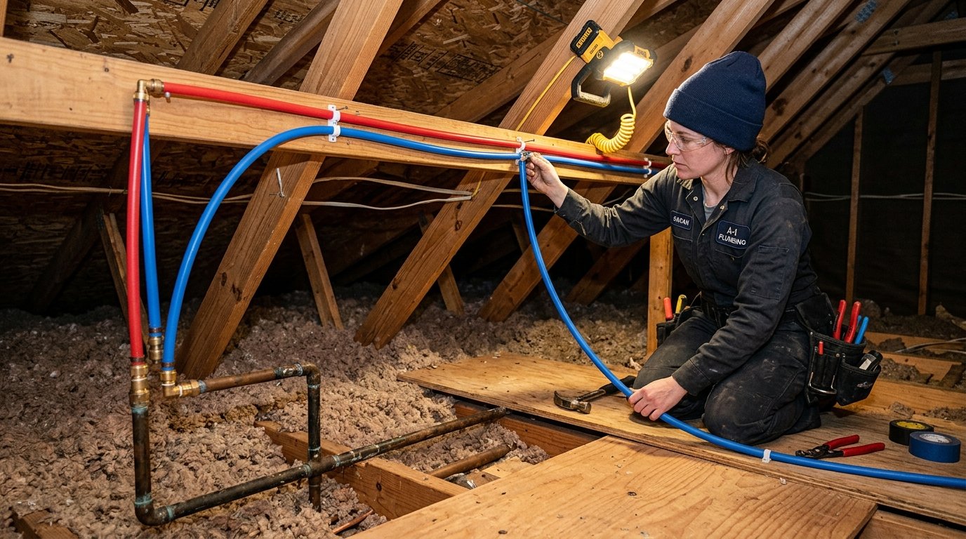 Comparison matrix illustrating why overhead attic PEX bypass is the preferred repair method over destructive concrete jackhammering in Arizona