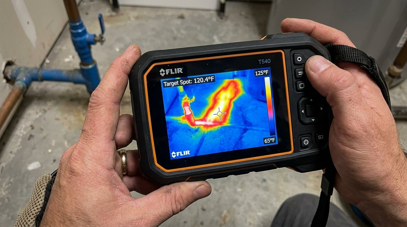 Thermal imaging spectrum display showing bright red radiant heat bloom on tile floor from hot water copper pipe slab leak