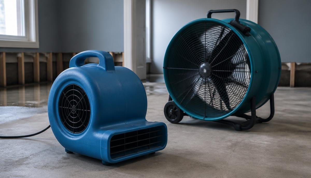 Professional centrifugal and axial air movers arranged for a structural drying project