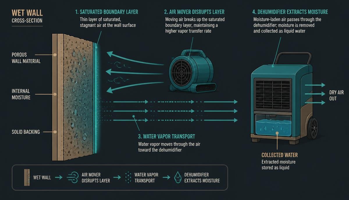 Diagram showing air movers disrupting the boundary layer of moisture on a wet wall while a dehumidifier extracts the humidity