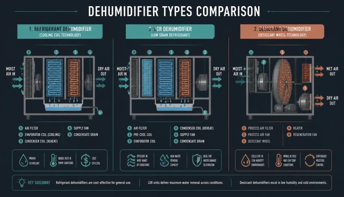 Technical graphic comparing refrigerant, LGR and desiccant dehumidifier mechanics
