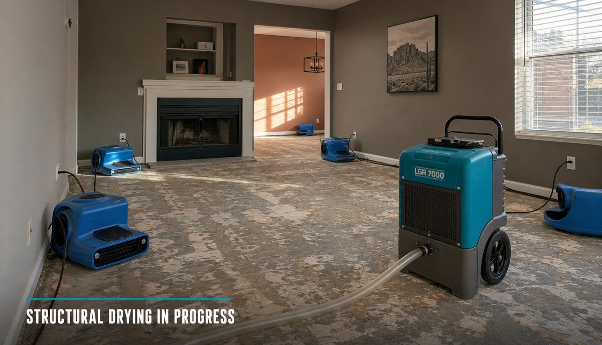 Air movers along the baseboards and an LGR dehumidifier running in a living room during structural drying after water damage