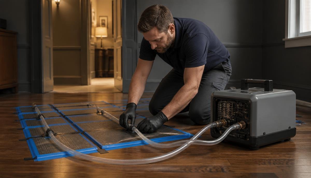Technician using a specialty hardwood floor drying system to save saturated flooring