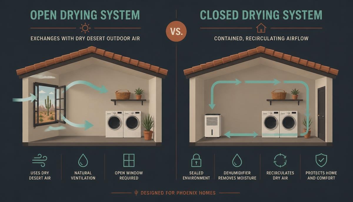 Graphic showing differences between open and closed drying systems in a Phoenix home