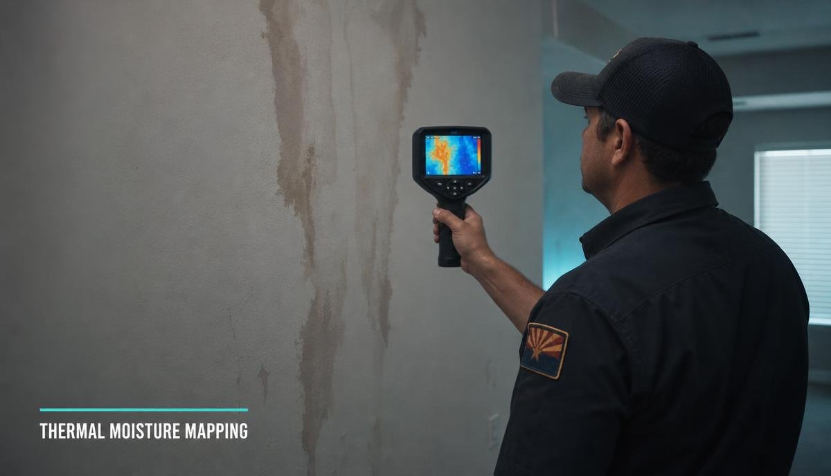 IICRC-certified technician scanning a water-stained drywall wall with a thermal imaging camera to map hidden moisture in a Phoenix home