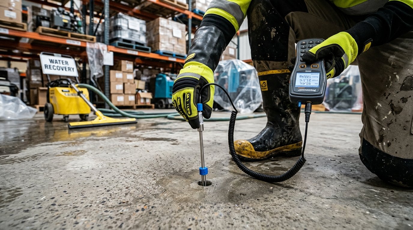 Industrial restoration technician inserting an ASTM F2170 in-situ relative humidity probe into a concrete slab test hole on a warehouse floor