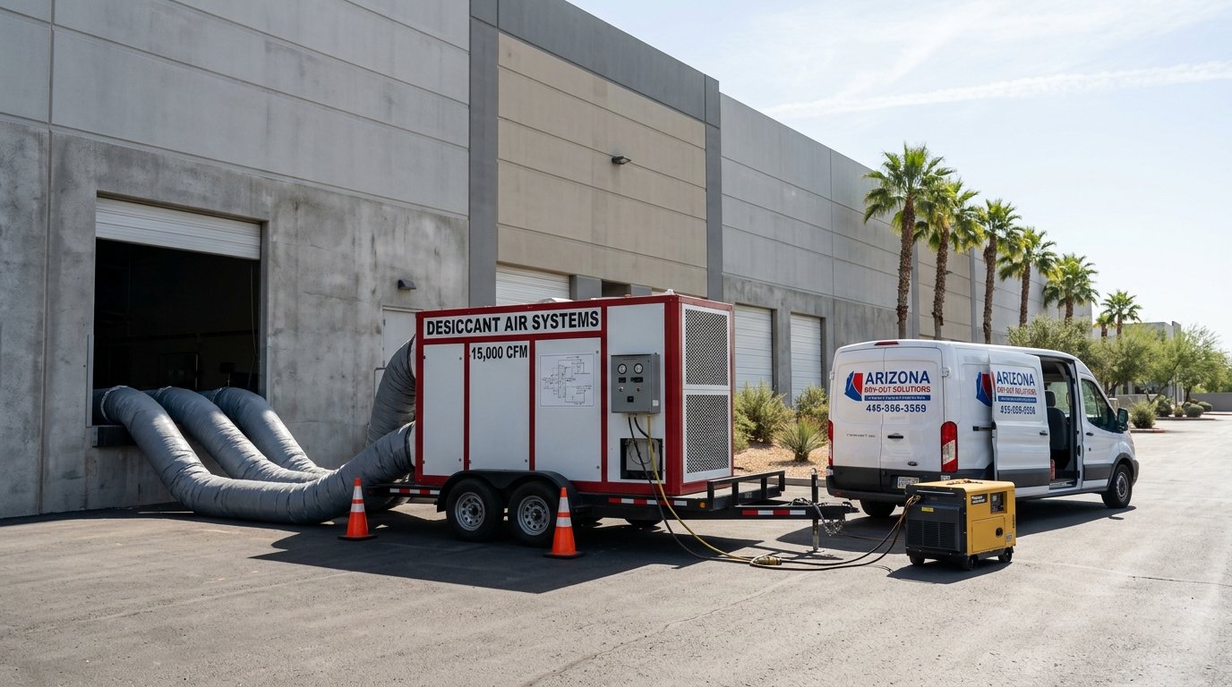 Industrial trailer-mounted desiccant dehumidifier setup pumping dry air through flexible ducting into commercial warehouse facility