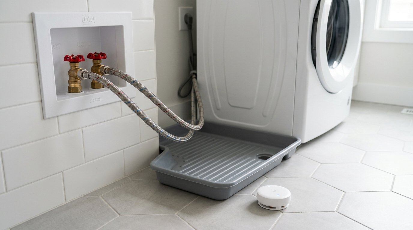 Laundry room flood prevention hardware diagram showing single-lever shutoff valves, 2-inch drain standpipes, and automated flood sensors