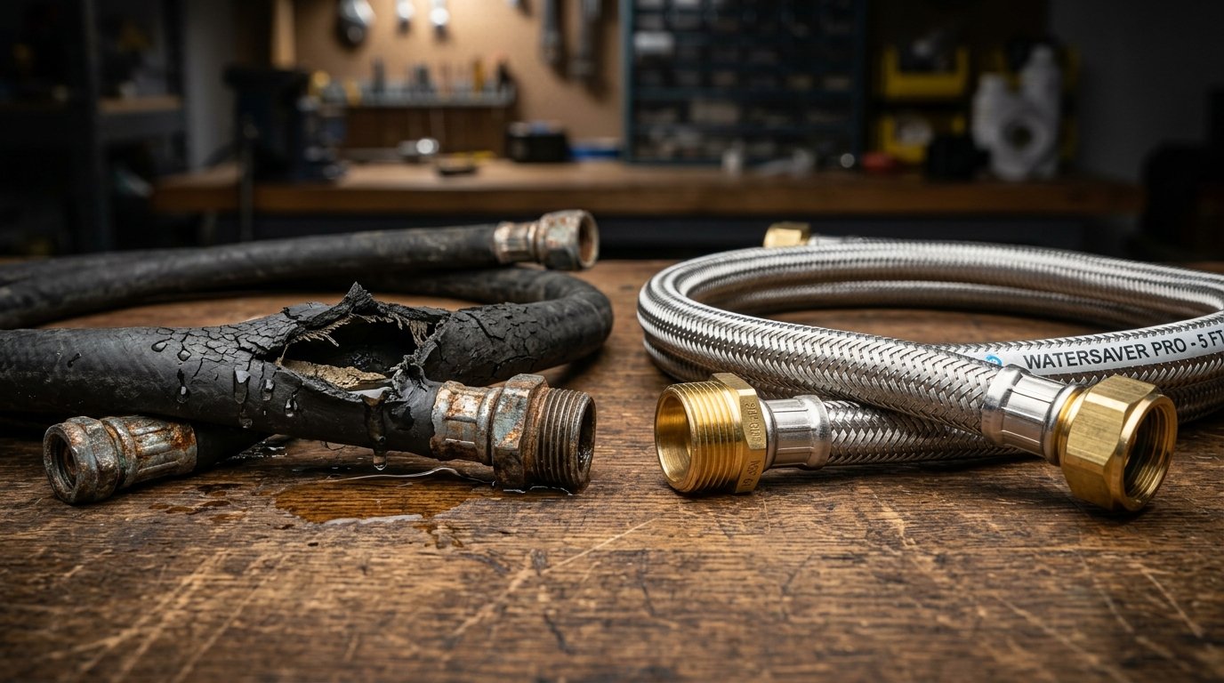 Failure analysis comparing internal mesh fatigue and ballooning blisters in rubber washing machine hoses versus braided 304 stainless steel lines