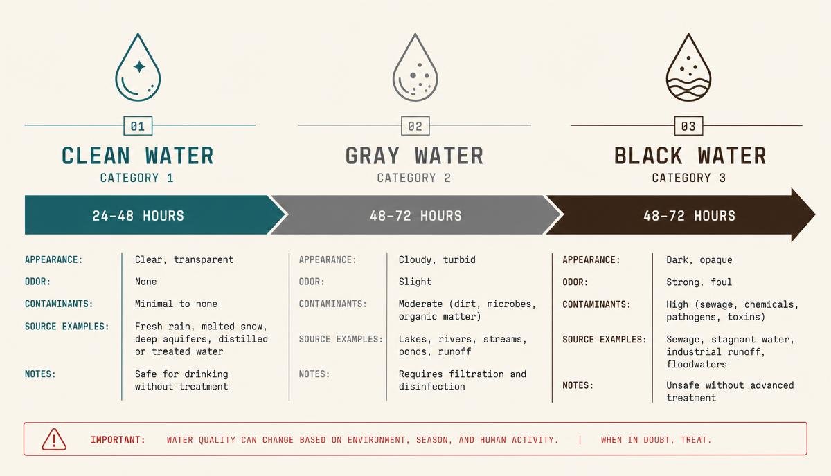 Timeline graphic showing clean Category 1 water degrading to gray Category 2 water in 24 to 48 hours and to black Category 3 water after 48 to 72 hours
