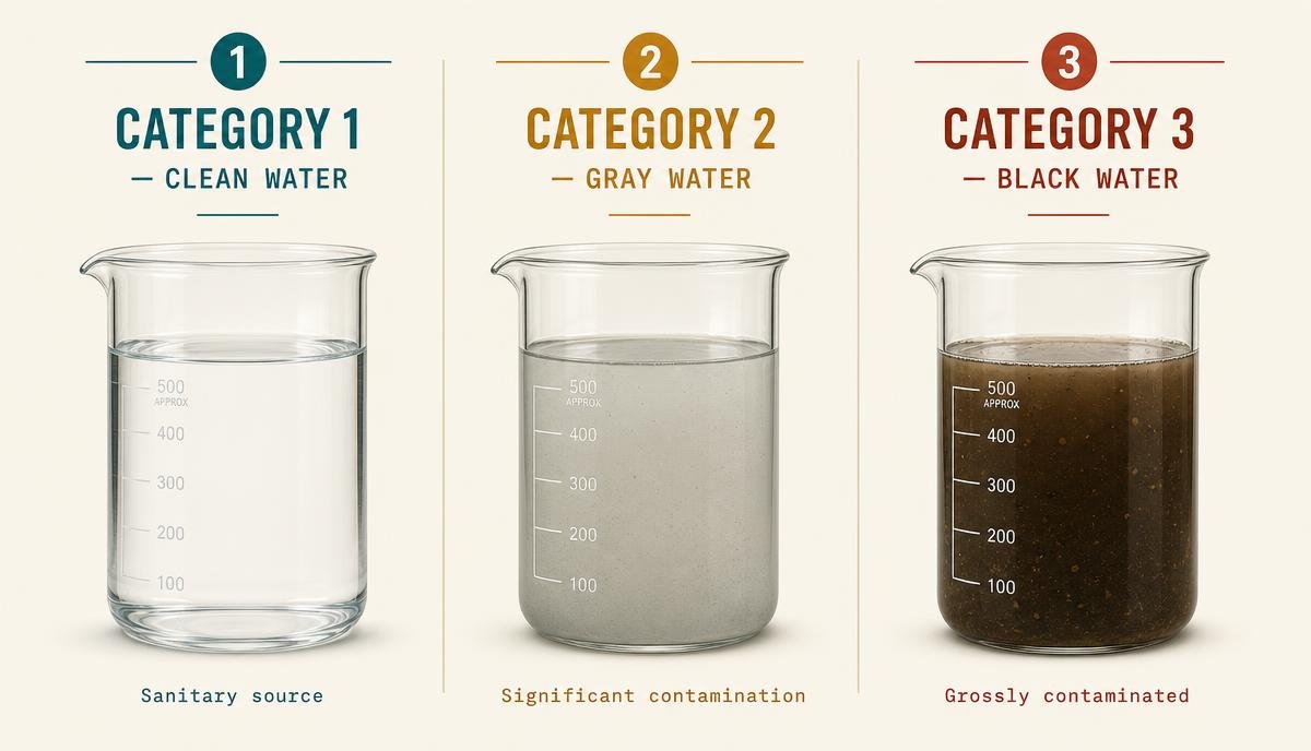 Comparison of clean Category 1 water, cloudy gray Category 2 water, and dark Category 3 black water in three labeled beakers