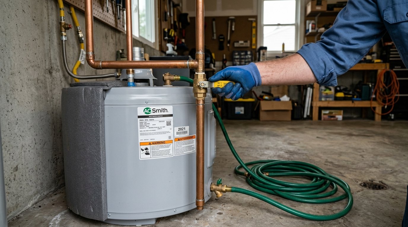 Step-by-step emergency shutoff diagram for leaking water heaters including power isolation, water valve shutoff, and drain hose connection