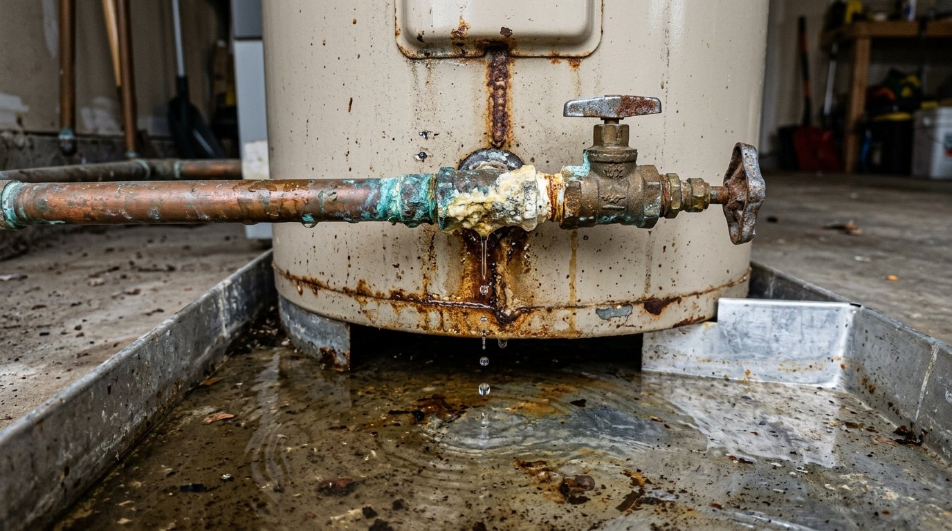 Technical diagram showing top vs bottom water heater leak locations, diagnosing T&P valves and catastrophic tank base rust-through